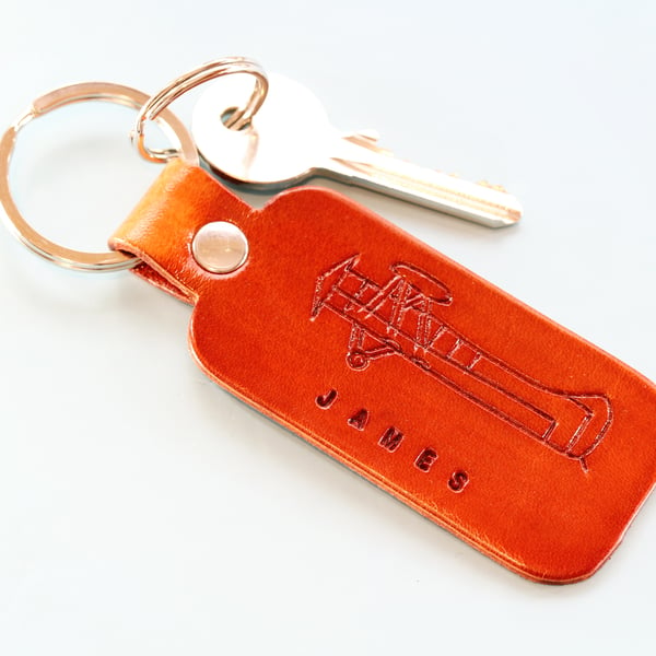 Personalised Tiger Moth Hand-Carved Leather Keyring Plane Key Fob Gift For Pilot