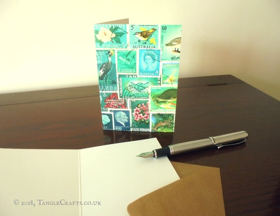 Sea Blue Notecard, A6 - Postage Stamp Collage Print - Single or Set