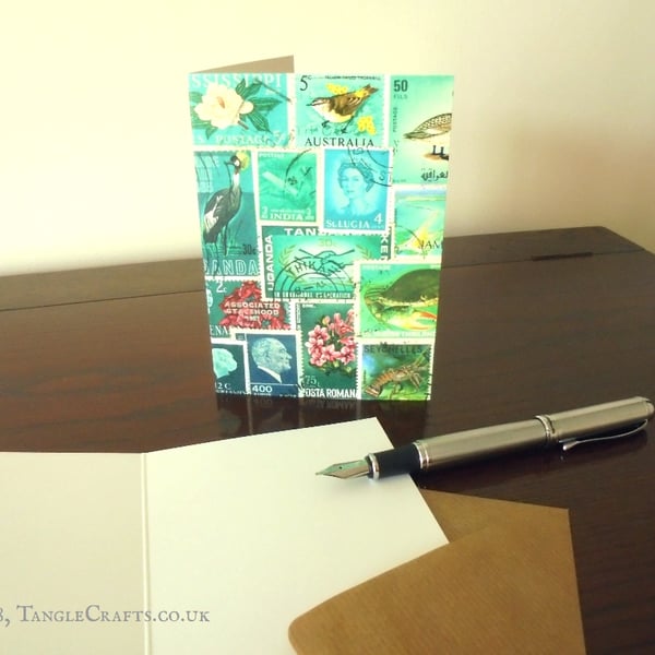 Sea Blue Notecard, A6 - Postage Stamp Collage Print - Single or Set