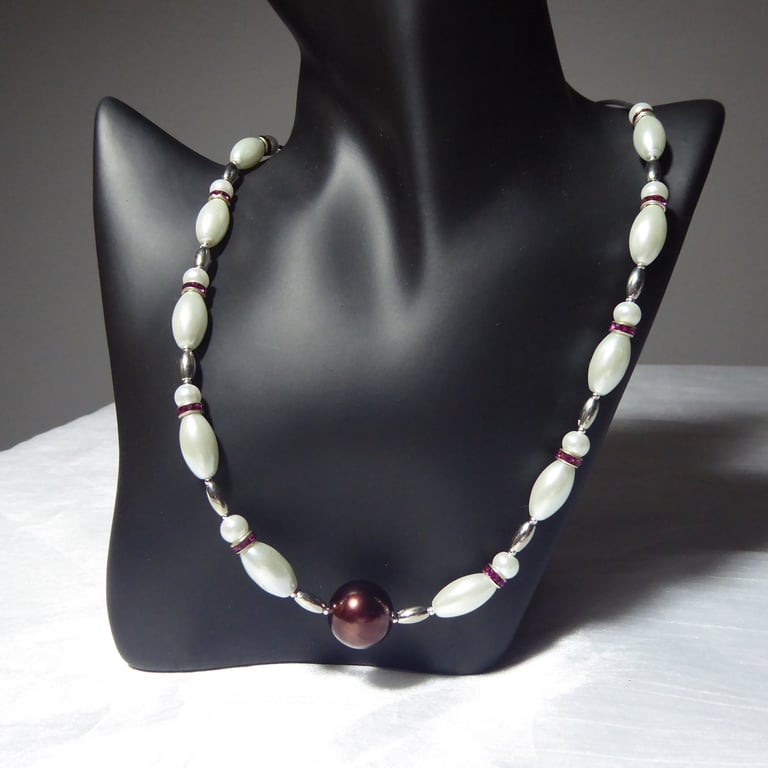 Ten Pin Bowling Necklace with Ruby coloured Rhinestones and Faux Pearls