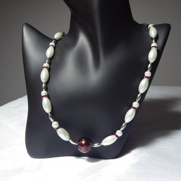 Ten Pin Bowling Necklace with Ruby coloured Rhinestones and Faux Pearls