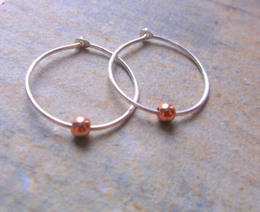 Minimal Mini Rose Gold Beads on Silver Hoop Earrings