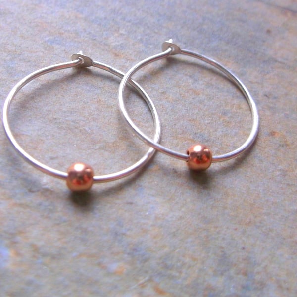 Minimal Mini Rose Gold Beads on Silver Hoop Earrings