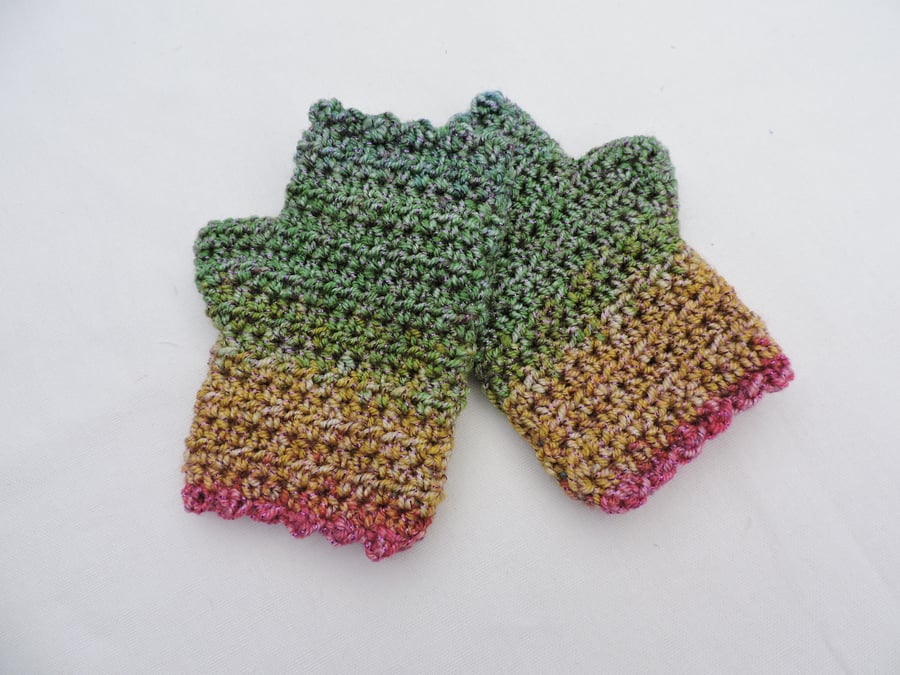 Childs Fingerless Mittens Green Yellow Pink with Sparkle
