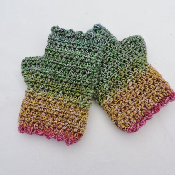 Childs Fingerless Mittens Green Yellow Pink with Sparkle