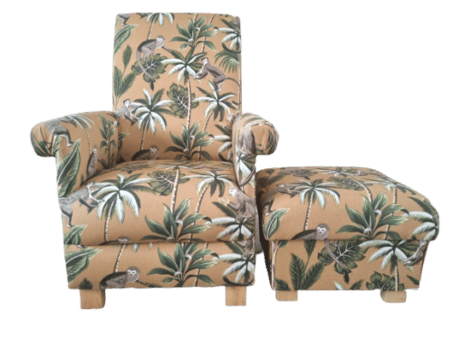 Fryetts Monkeys Ochre Fabric Adult Chair & Footstool Armchair Mustard Animals