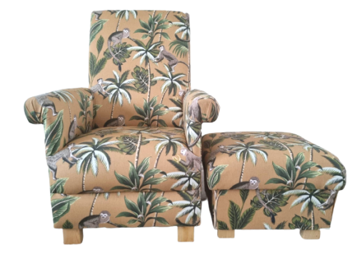 Fryetts Monkeys Ochre Fabric Adult Chair & Footstool Armchair Mustard Animals