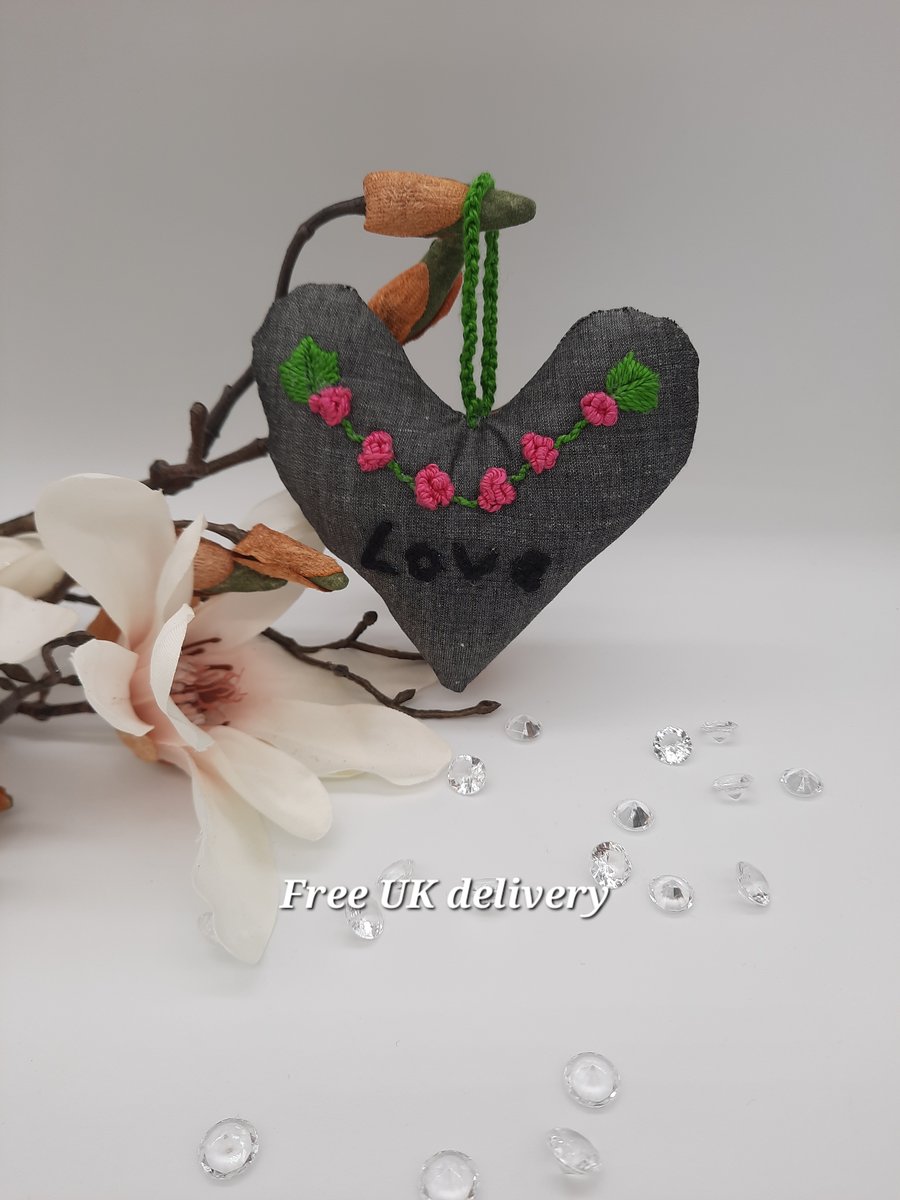 Hanging decoration,  grey embroidered flower love heart pink.