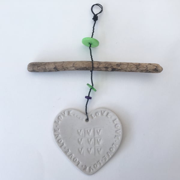 Driftwood Love heart hanger, pottery, gift idea, birthday, unique pottery 