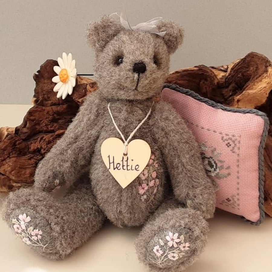 Artist bear & cushion, heirloom teddy bear, cross stitch cushion, UK designed 