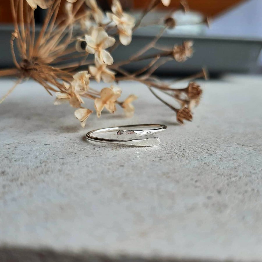 Hammered Recycled Sterling Silver Wrap Around Ring - Slim Adjustable Band