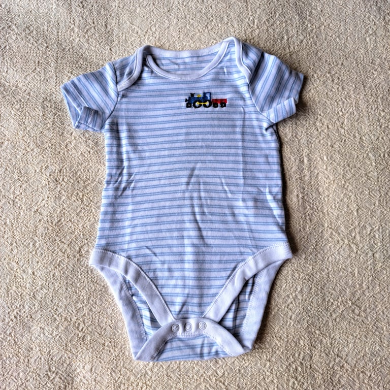 Train, baby vest, age 9-12 months, hand embroidered