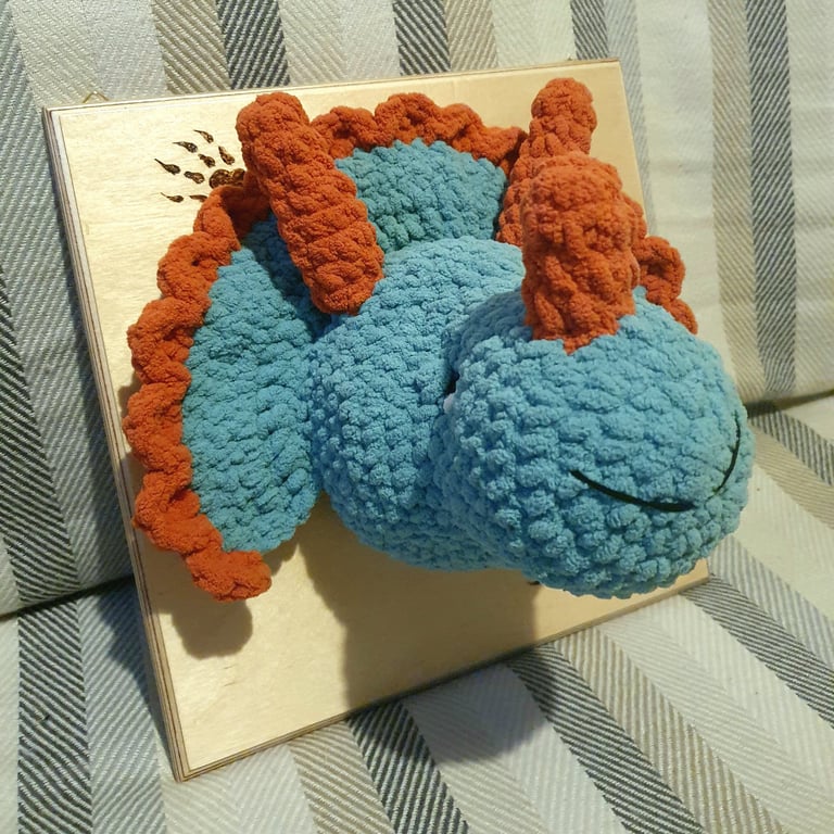 Crocheted triceratops trophy head - faux taxidermy