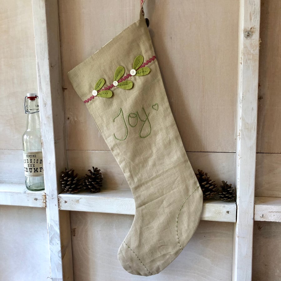 SALE Joy Linen Christmas Stocking 