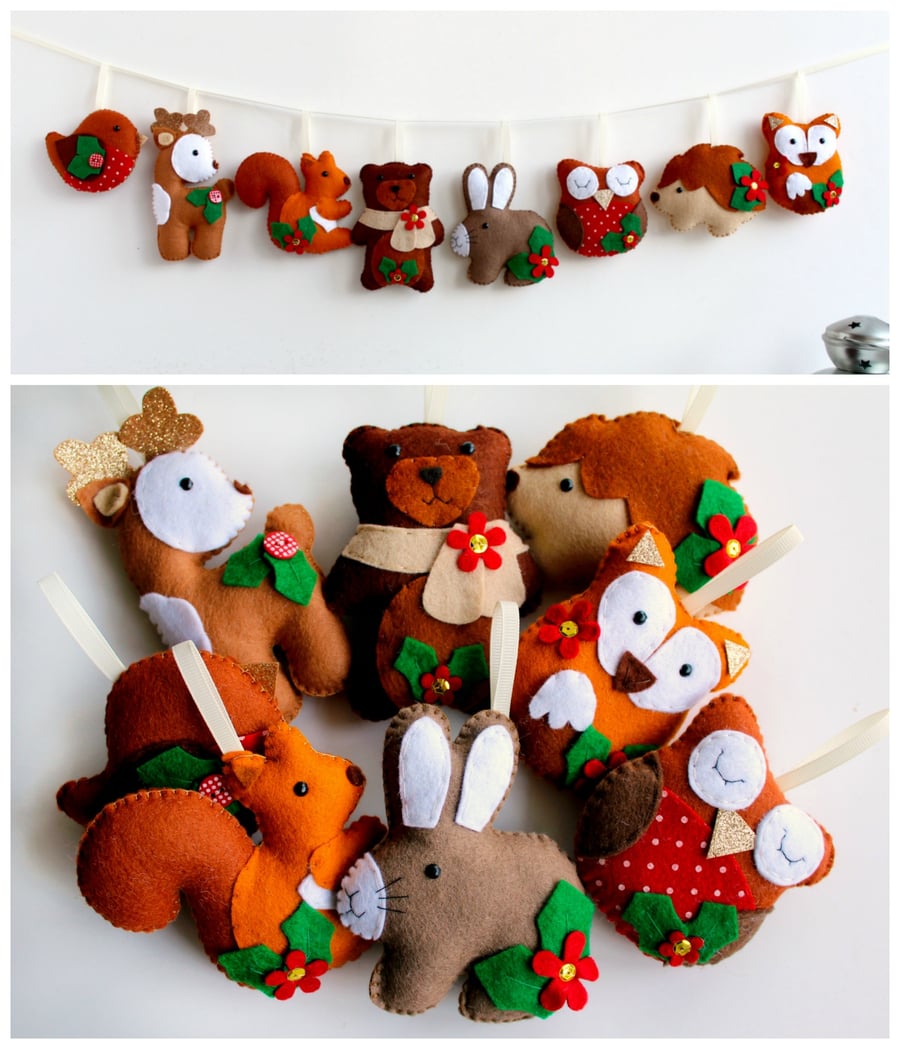 Make Your Own felt Christmas Woodland Garland Kit. Sewing pattern. DIY Craft