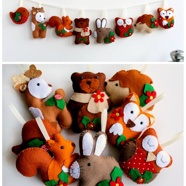 Make Your Own felt Christmas Woodland Garland Kit. Sewing pattern. DIY Craft