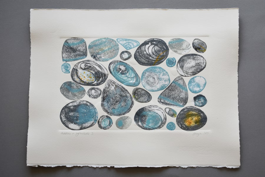 ORIGINAL monoprint and collage -  'Pebbles and Oystershells I'