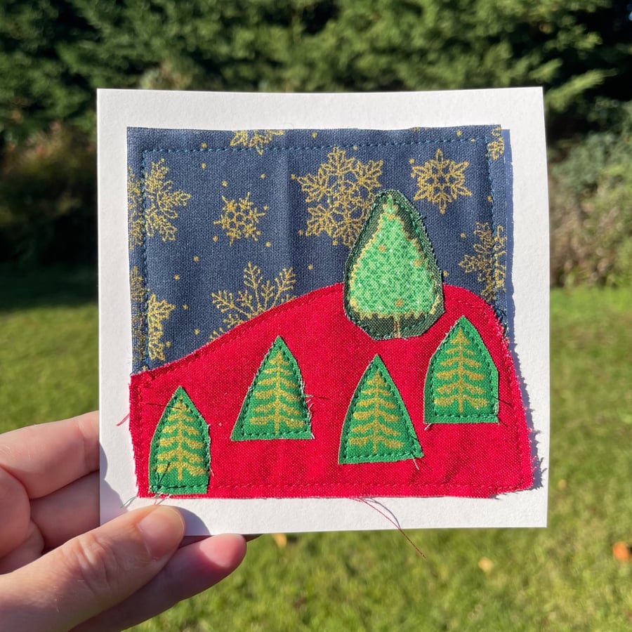 Textile trees, Christmas card, textile card , recycled card