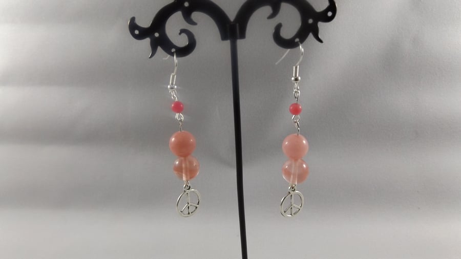 earrings dangle watermelon tourmaline and pink jade with peace charm