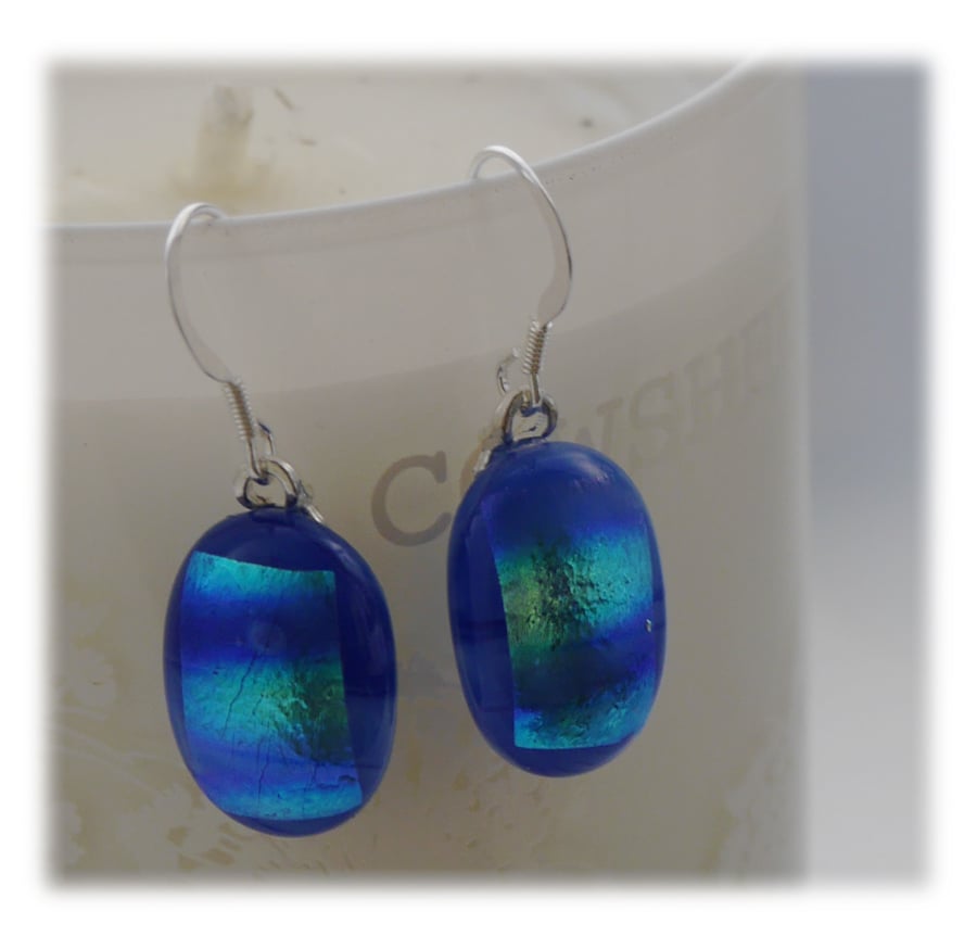 Handmade Fused Dichroic Glass Earrings 174 Blue Aqua streak