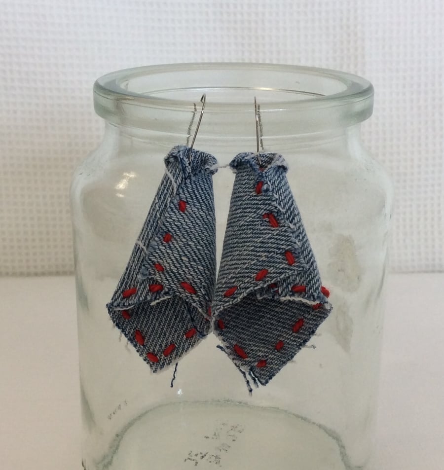 Denim earrings on surgical steel ear wires, red stitching detail