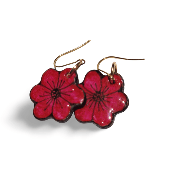 Hand Painted Ceramic Drop Earrings - Red Flower