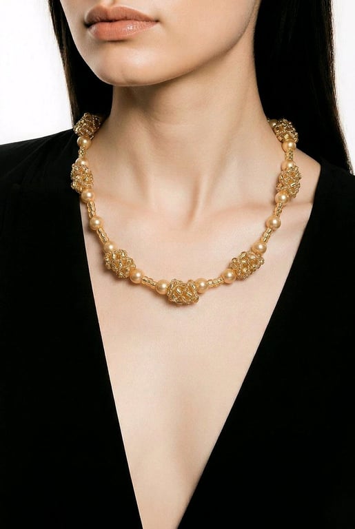 Gold Pearl Seed Bead Station Necklace Handwoven Bead Stations Toggle Clasp