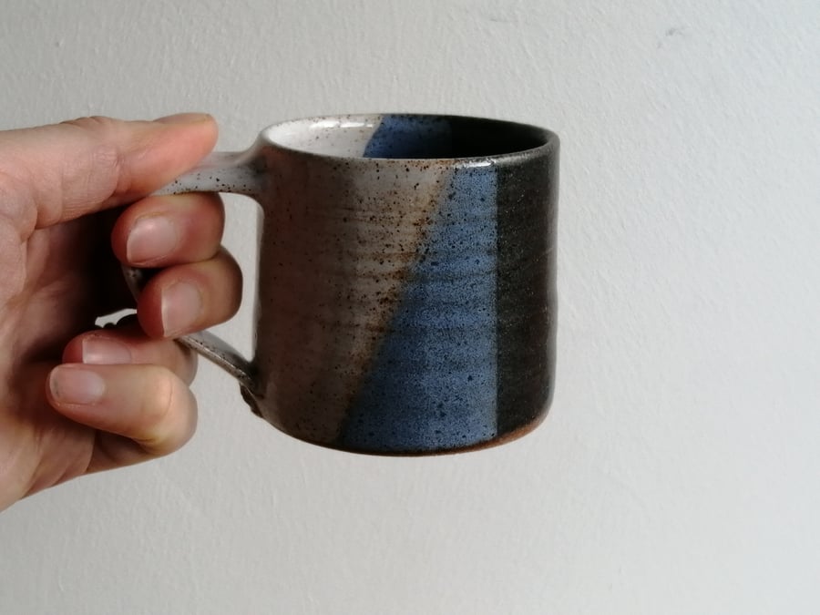 Beautiful small handmade ceramic stoneware mug blues and white