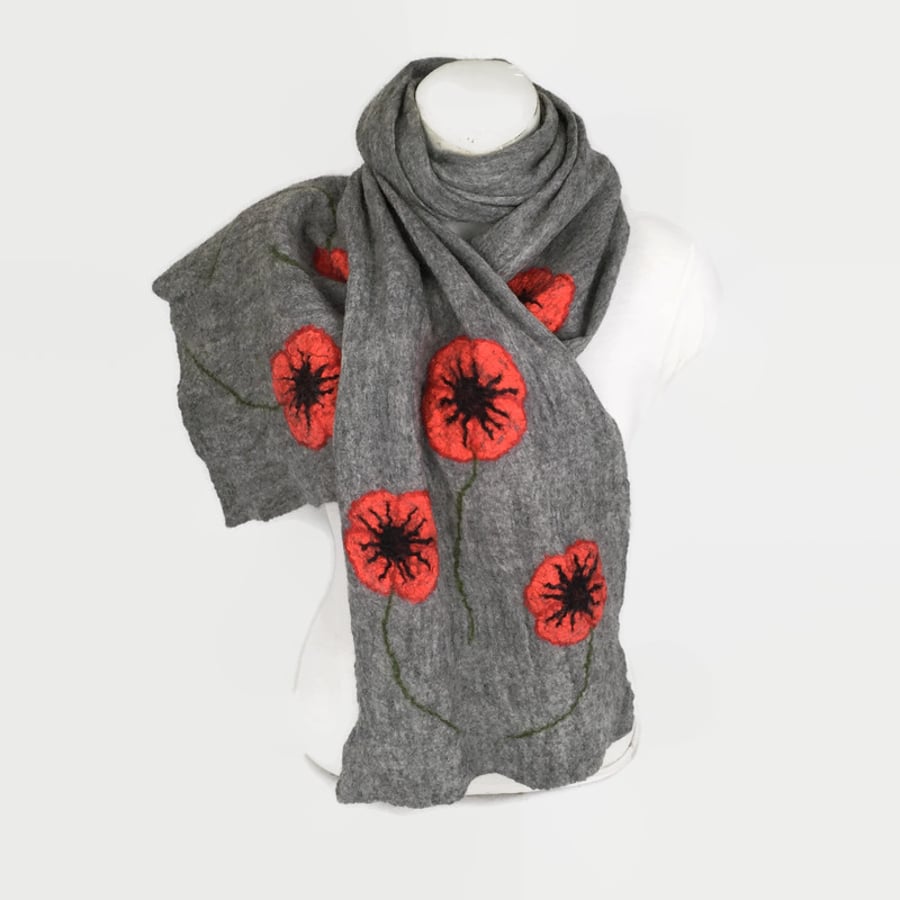 Grey merino wool felted scarf with silk poppies