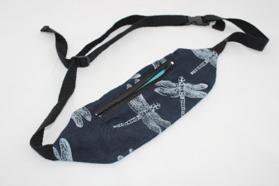 Handmade blue bum bag, festival bag, Eco hip belt bag,dragonfly hand print,gift