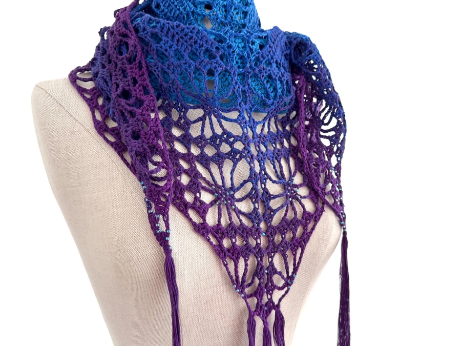 Beaded Crochet Shawl - Turquoise, Blue and Purple