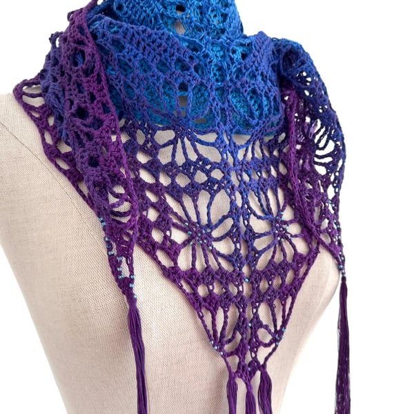 Beaded Crochet Shawl - Turquoise, Blue and Purple