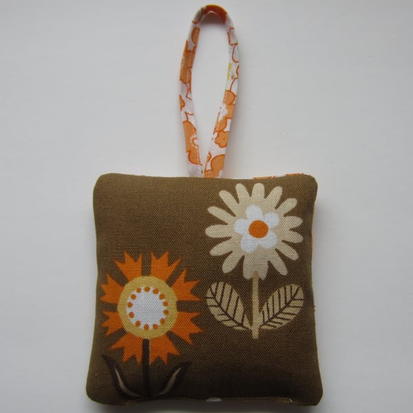 Vintage 1970s Orange Flower Lavender Bag with Hanging Loop