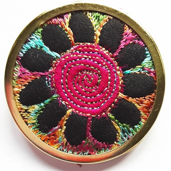Textile Brooch in Frame with Free Machine Embroidery 