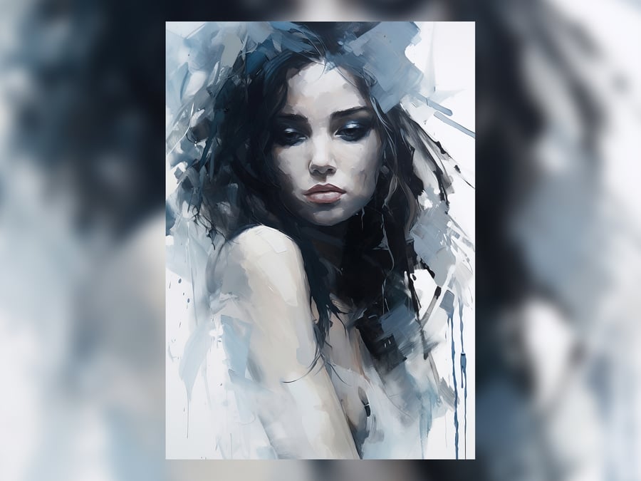 Serene Elegance: Woman Portrait in Blues Print 5x7