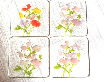 Fused Glass Sweet pea Flower Coasters