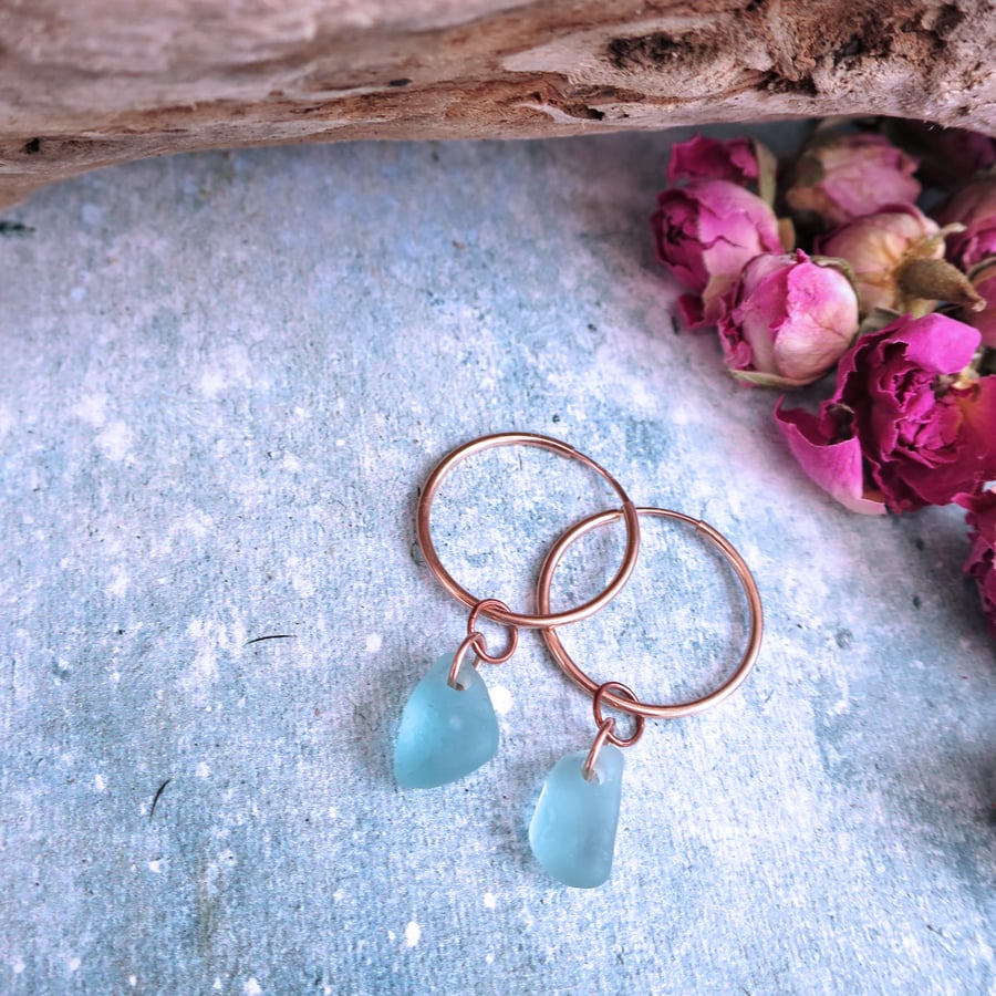 Rose Gold Sea Glass Hoop Earrings, Handmade Coastal Jewellery