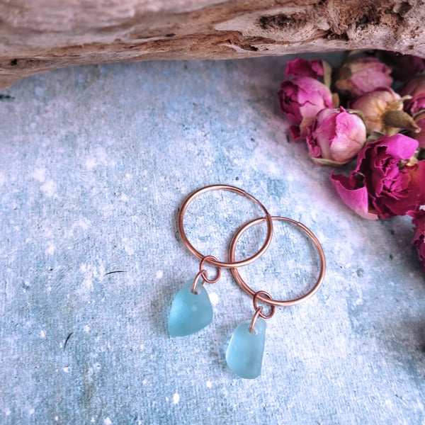 Rose Gold Hoop Earrings with Aqua Scottish Sea Glass, Handmade Jewellery