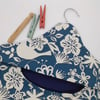 Peg bag in dark blue and white bird print fabric