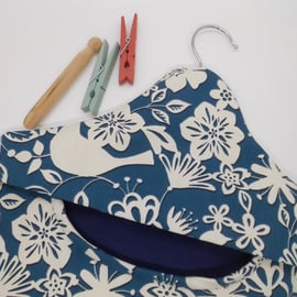 Peg bag in dark blue and white bird print fabric