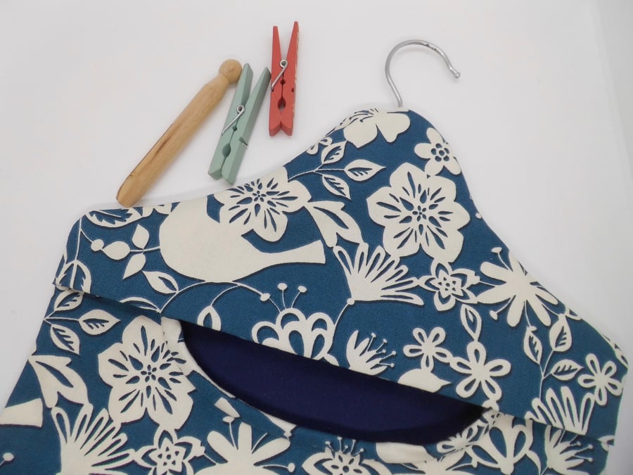 Peg bag in dark blue and white bird print fabric