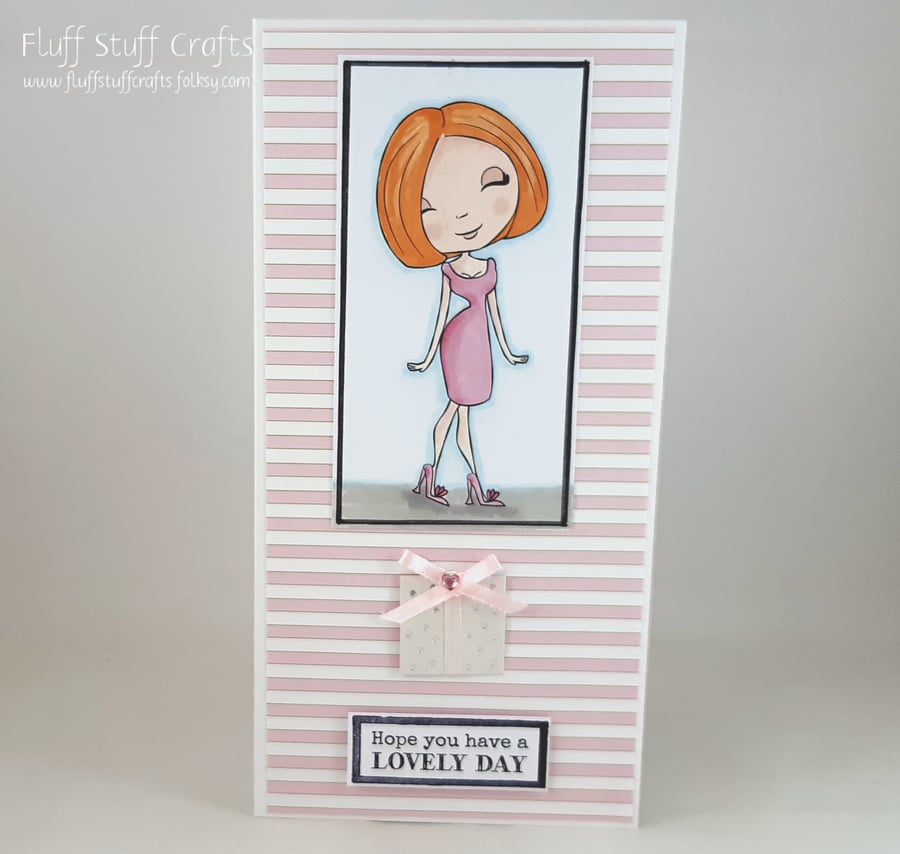 Handmade birthday card - girl in a pink dress