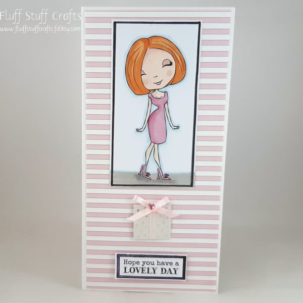 Handmade birthday card - girl in a pink dress
