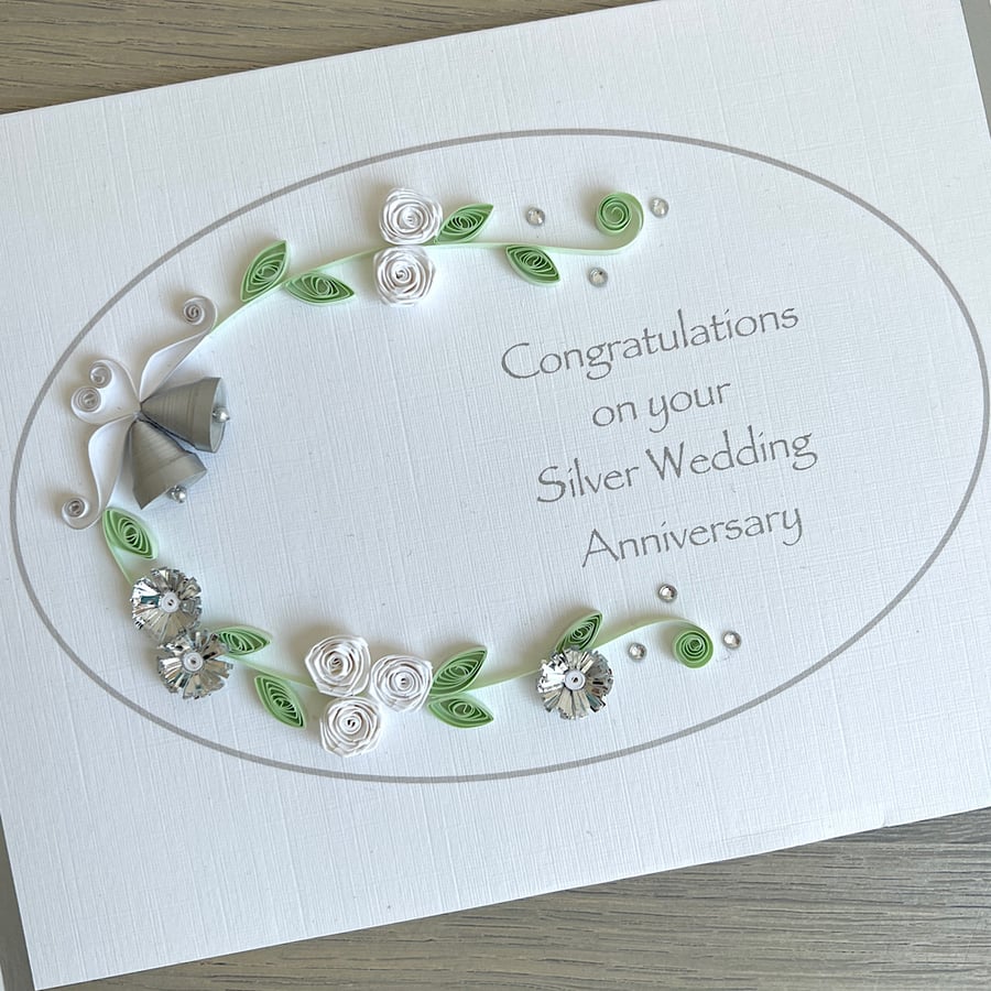 Handmade 25th silver wedding anniversary card, quilled