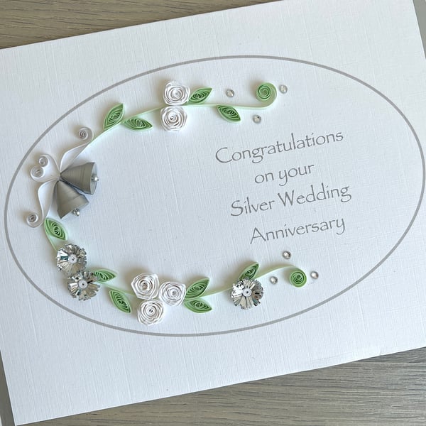 Handmade 25th silver wedding anniversary card, quilled