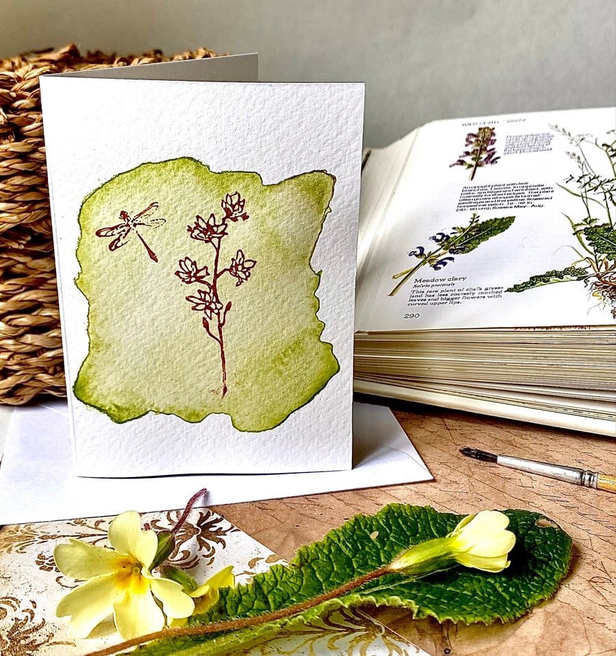 Hand painted and printed blank watercolour flower card