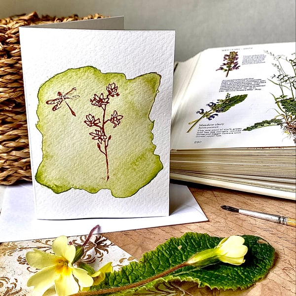 Hand painted and printed blank watercolour flower card