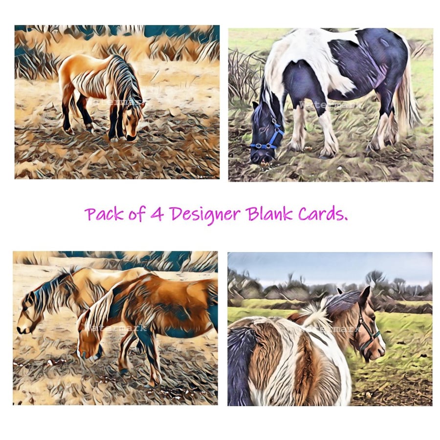  Pack of 4 Blank Horse Pony Cards Unique Designs A5 Size.