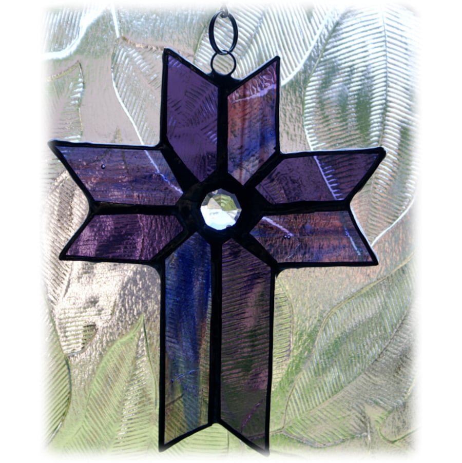 SOLD Cross Suncatcher Stained Glass Purple Blue Crystal Handmade