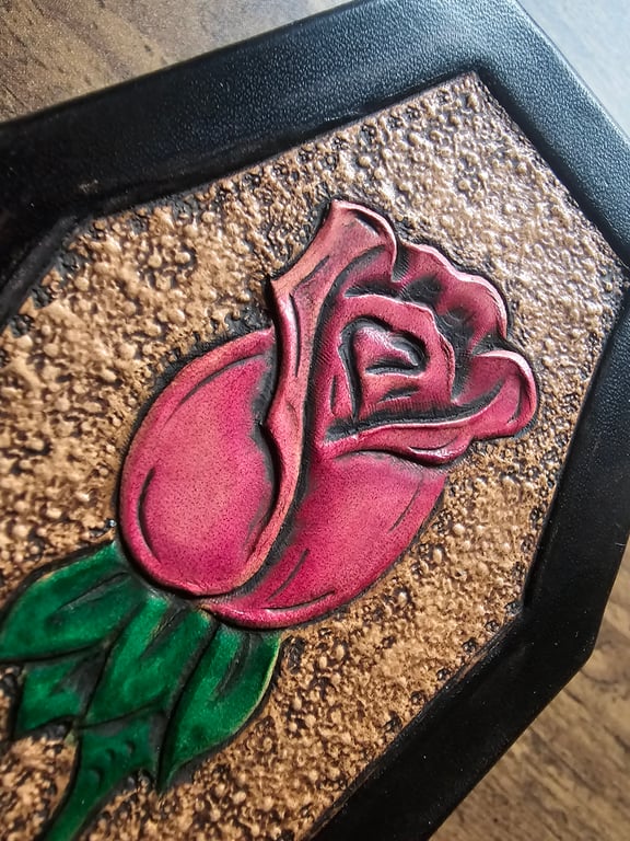 Coffin Shaped Jewellery, Trinket Box with Hand-Tooled Leather Red Rose